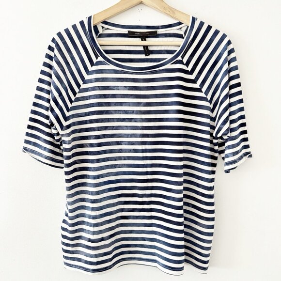 BOBGMAXAZRIA Short Sleeve Blue Tie Dye Sailor Stripe T-Shirt Round Neck Prep Tee - Picture 1 of 5